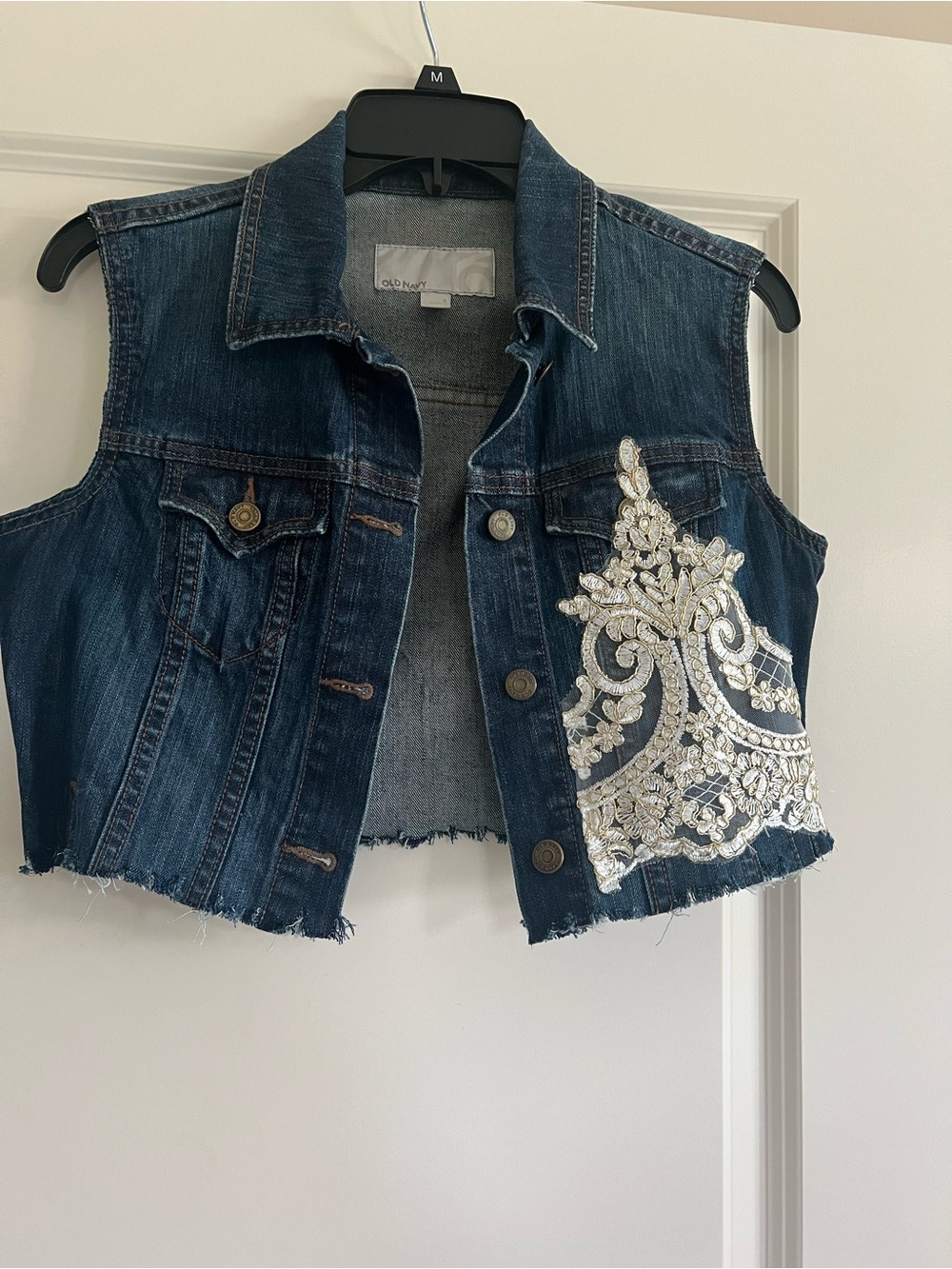 Upcycled Old Navy vest with gorgeous white/gold lace detail. Cropped , size M